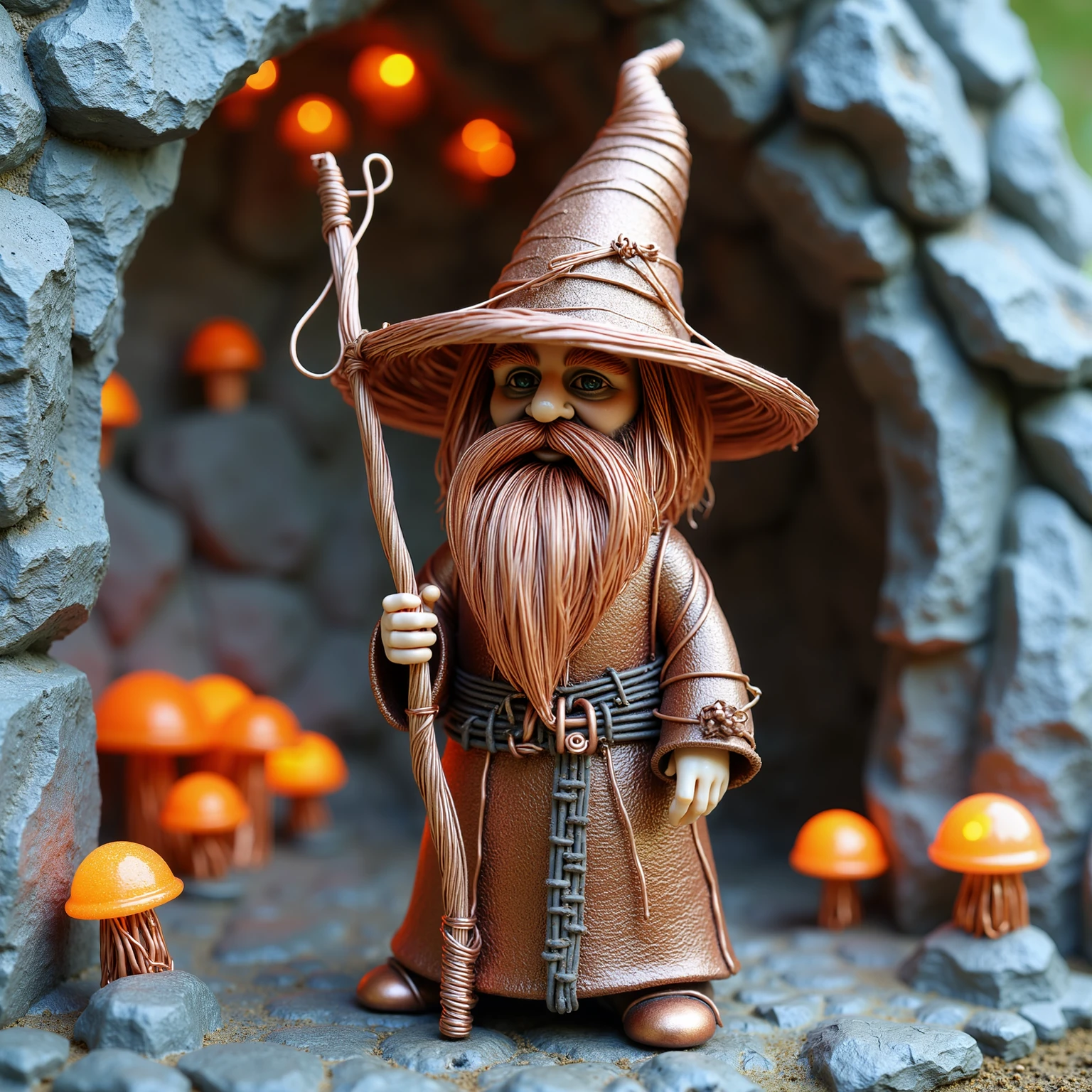 copperwire, Lord of the Rings, photograph of a gnome wearing a copper brown robe adorned with copper wire, The gnome wears a wizards hat made out of copper wire. The gnome has a long beard of copper wire. The background is an underground copper cave filled with glowing mushrooms made out of copper wire, everything is copper wire