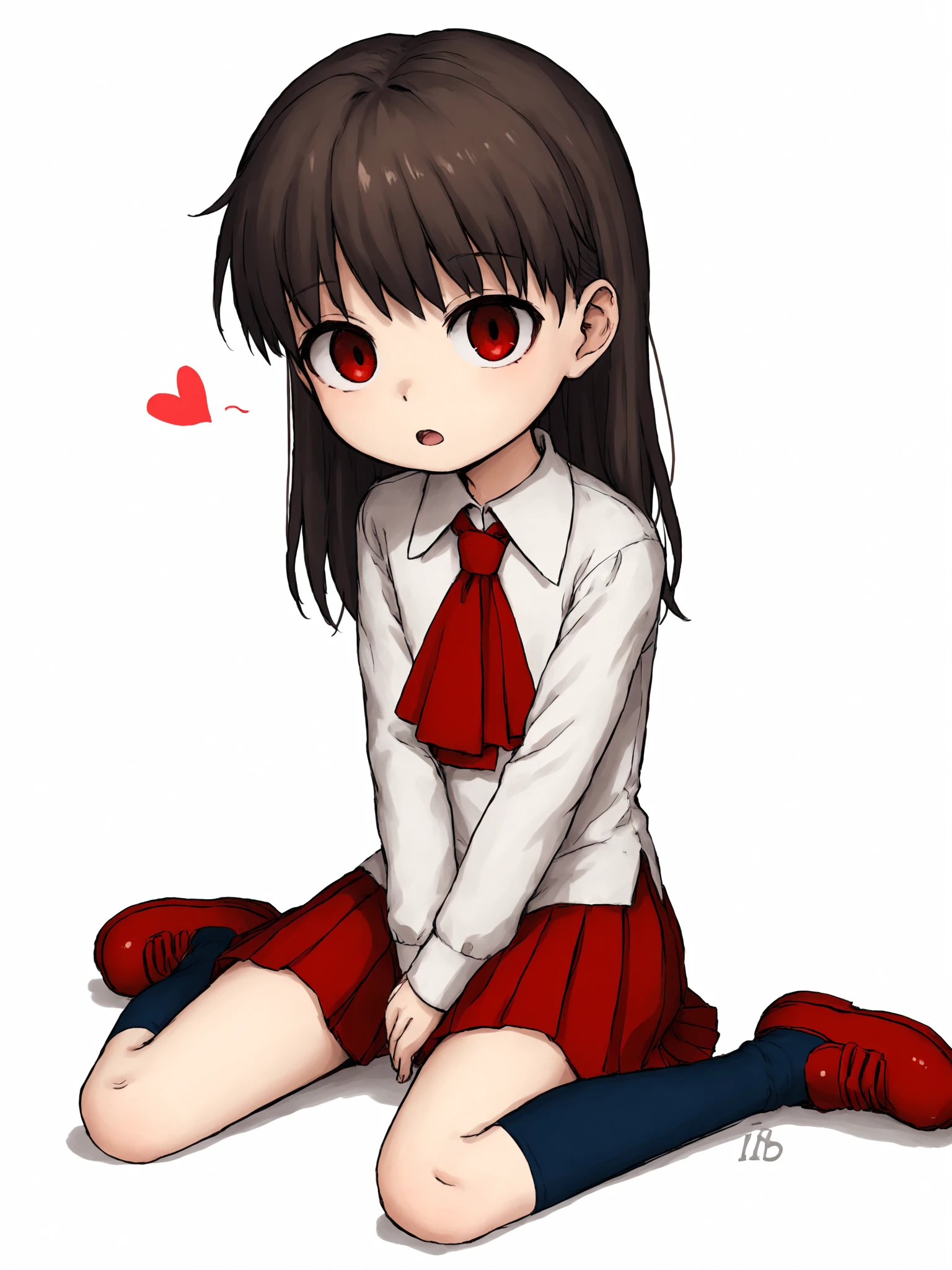 score_9, score_8_up, score_7_up, uncensored, ib, 
1girl, ib (ib), solo, (((child, aged_down))), flat_chest, bangs, long hair, brown hair, red eyes, shirt, skirt, long sleeves, white shirt, pleated skirt, shoes, collared shirt, socks, ascot, kneehighs, red skirt, black socks, red footwear, red ascot, blue socks, simple background, white background, sitting, heart, wariza, cross, between legs, hand between legs, looking_at_viewer, open_mouth, 