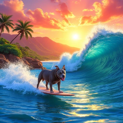 Vivid cartoon of Malu Dog surfing a huge ocean wave in Hawaii, tropical sunset background, volcanic mountains on the horizon