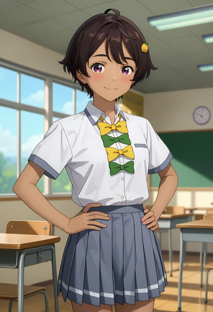 score_7_up, anime screencap,
<lora:MakeHeroinegaOosugiru_YakishioLemonXL:0.9>,
1girl, solo, closed mouth, light smile, blush,
dark skin, short hair, brown hair, purple eyes, lemon hair ornament,
LemonSchool, collared shirt, white shirt, green bowtie, yellow bowtie, short sleeves, pleated skirt, grey skirt,
standing, looking at viewer, hands on own hips,
blurry background, indoors, classroom