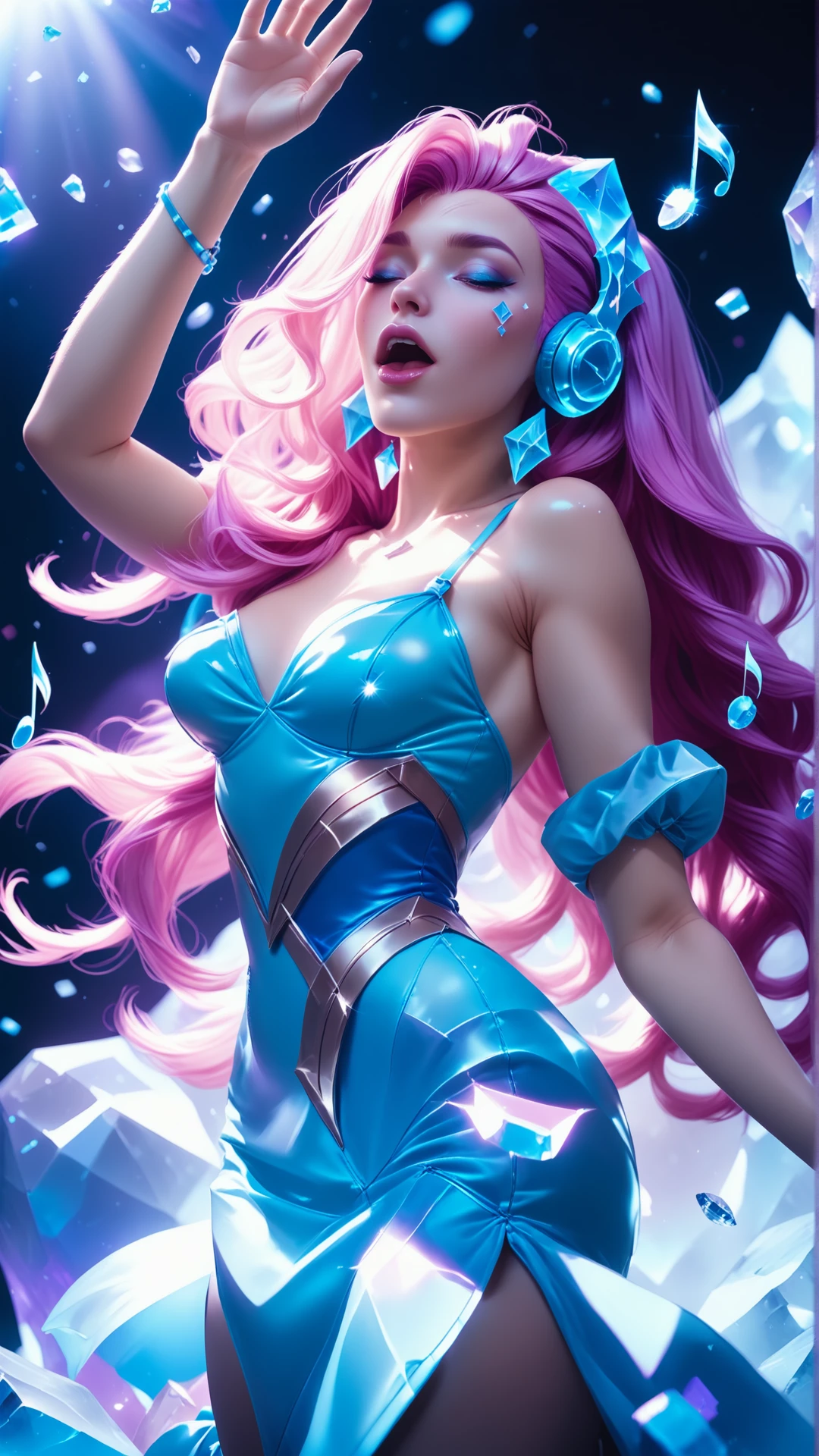 kda all out seraphine from league of legends, woman singing, floating music notes, pink hair, extreme long hair, side parting, long curls, blue mini dress, surrounded by ice diamonds, film gain, reij-clrfl <lora:reij-colorfulartstyleSDXL-000006:0.9>, close up, dance floor