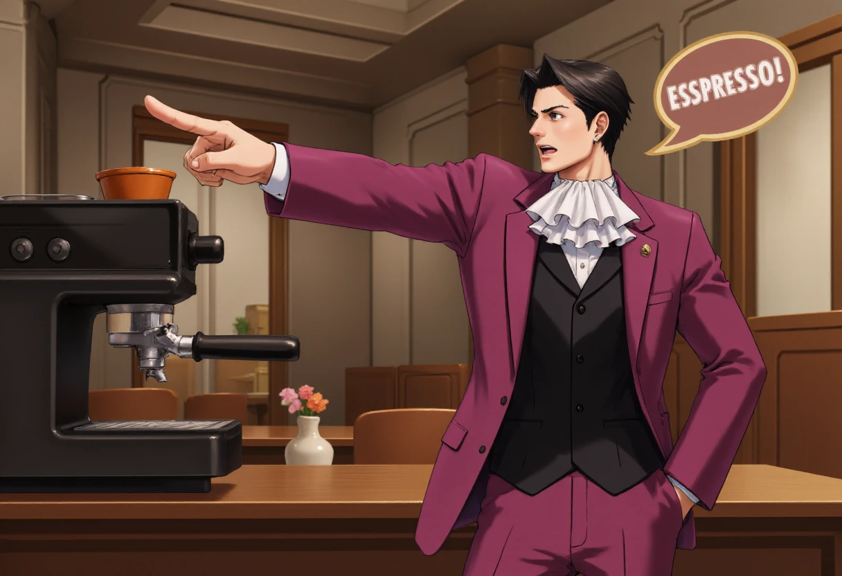 <lora:Phoenix_Wright_Objection_Pose:1>  pwobjectionpose, a man inside a (cafe:1.2) setting  pointing his index finger with confidence and authority at the espresso machine. He has neatly combed black hair parted in the middle, and wears a magenta suit, a black vest underneath and a white ruffled collar. A chat bubble with a dark brown background and light beige letters has the word "ESPRESSO!" in it. The background is a quaint coffee shop with tables and chairs and a flower vase on the table, with a window framed by wood.