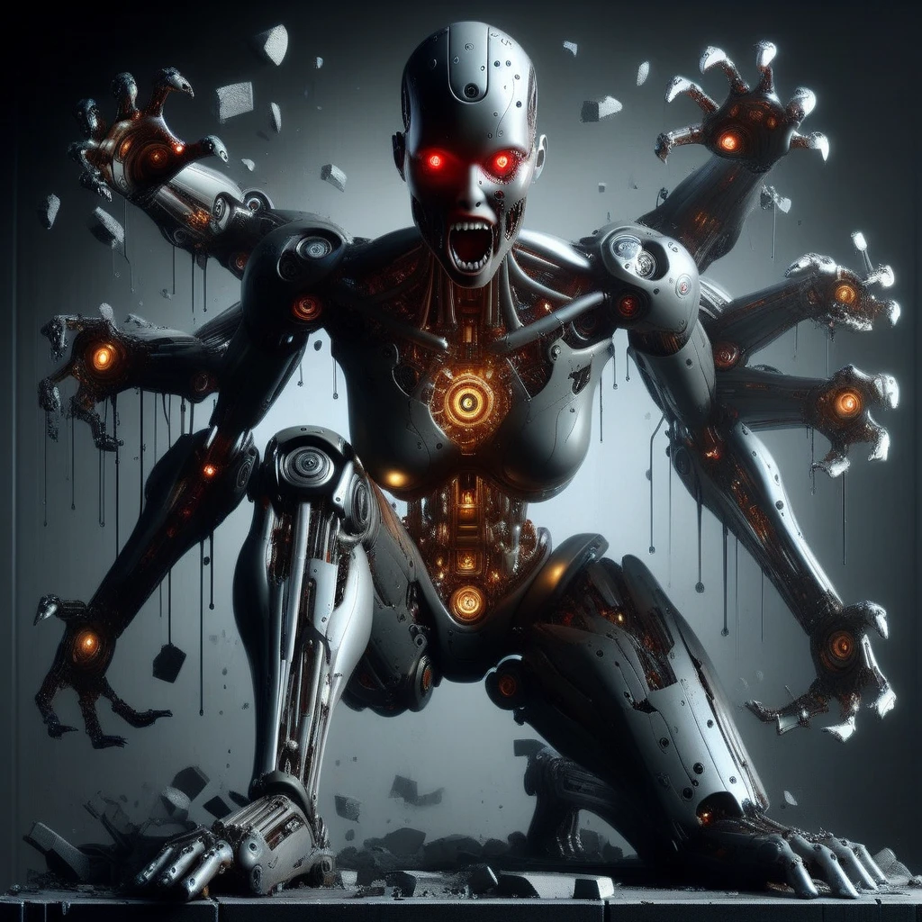 humanoid robot, 1girl, exhibiting complex robot joints, oil and grease visibly dripping from joints and crevices, full body depiction, covered in intricate mechanical parts, no humans present, ultra-realistic detailing, portrayed as a solo figure, bald head with glowing red eyes looking upwards, defined nose, mouth wide open revealing sharp teeth, facial expression conveying a scream, mechanical chest with visible breasts, central glowing core emitting a bright light, equipped with ten mechanical arms extending from the back, each arm ending in detailed open hands with mechanical fingers, mechanical legs bent on knees, mechanical feet exposed, barefoot, surrounded by scattered debris, dimly lit industrial environment, high contrast lighting highlighting the glow from the core and eyes, adding a sense of tension and drama