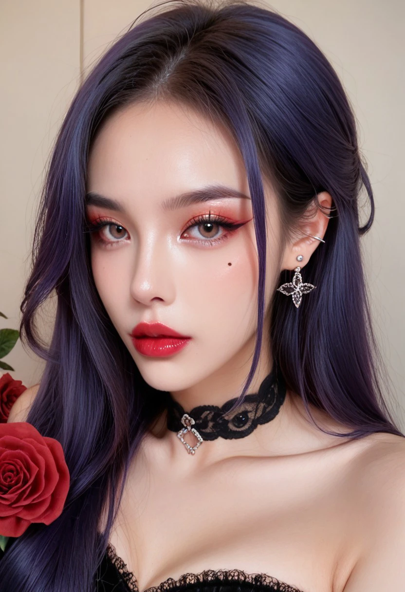 score_9, score_8_up, score_7_up,
ulzzang, ulzbig, 1girl, solo, long hair, looking at viewer, black hair, dress, bare shoulders, brown eyes, jewelry, blue hair, collarbone, upper body, purple hair, flower, earrings, parted lips, choker, artist name, mole, black eyes, black dress, lips, grey eyes, mole under eye, makeup, rose, black choker, traditional media, piercing, lipstick, red flower, ear piercing, portrait, realistic, red lips
