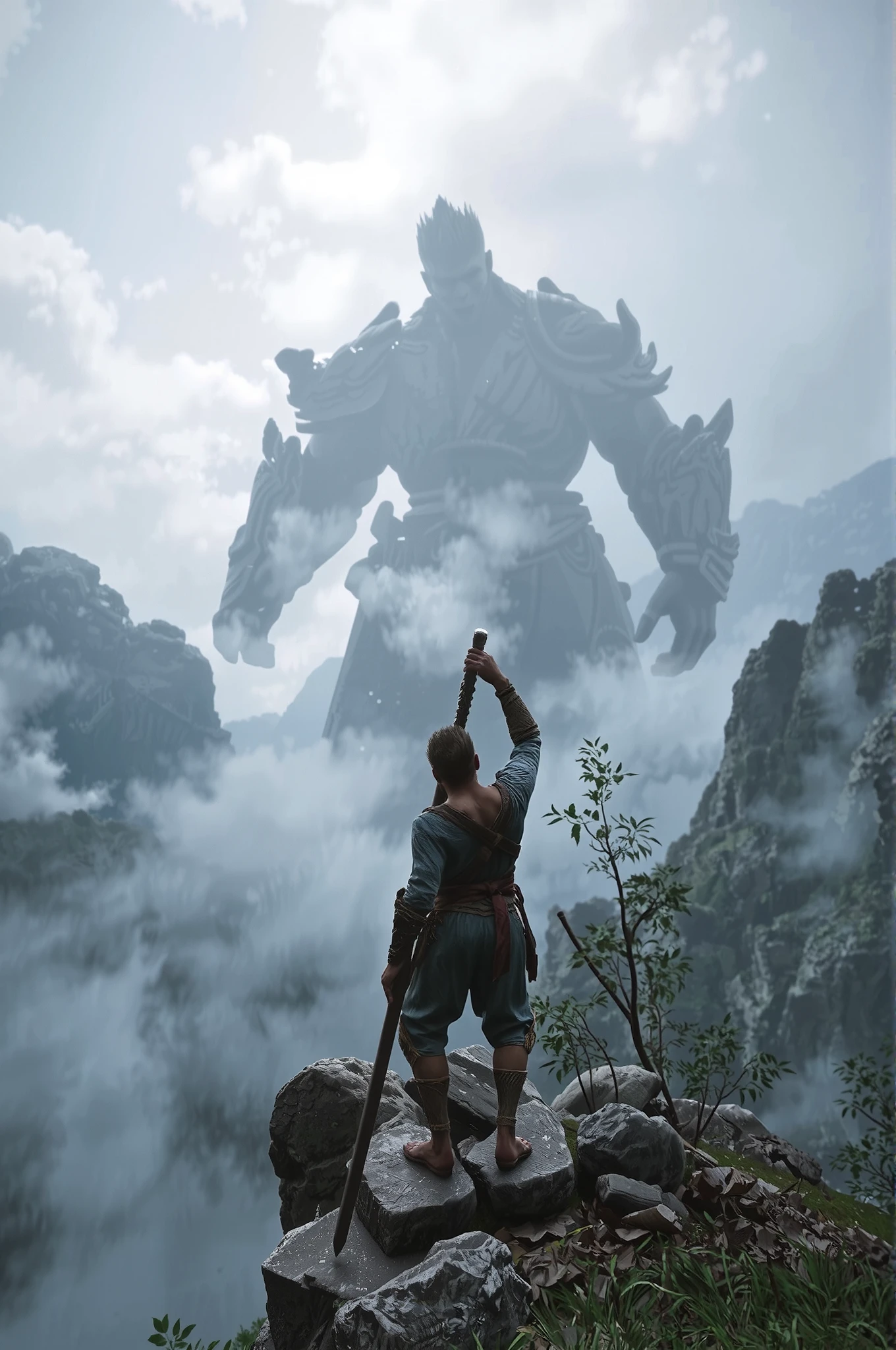 black myth, 
low angle shot of wukong standing on a cliff, Raise a large staff, Combat posture, surrounded by the misty landscape of mountains, the clouds sky is grey, providing contrast to the giant in the distance, the colors are mostly earth tones, with the exception of the blue sky and greenery in the background, the composition is balanced with the man centrally positioned on the cliff, surrounded by the rocky landscape below him, the lighting appears to be natural, with shadows cast by the mountains and rocks around the scene