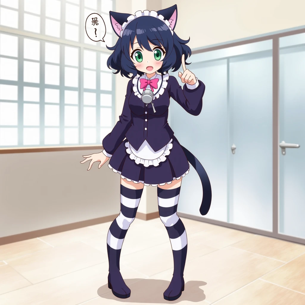 Cyan Hijirikawa, wearing dark purple dress and striped thighhighs, short black blue curly hair, full body shot, maid headdress, black and white thighhighs, animal cat ears, indoors school background, standing, wavy hair, making a silly pose, posing, blushing, smiling, happy, animal ears on her head, cat girl, small grey bell on neck, pink bowtie, green eyes <lora:Cyan-Show-By-Show_000001500:1>