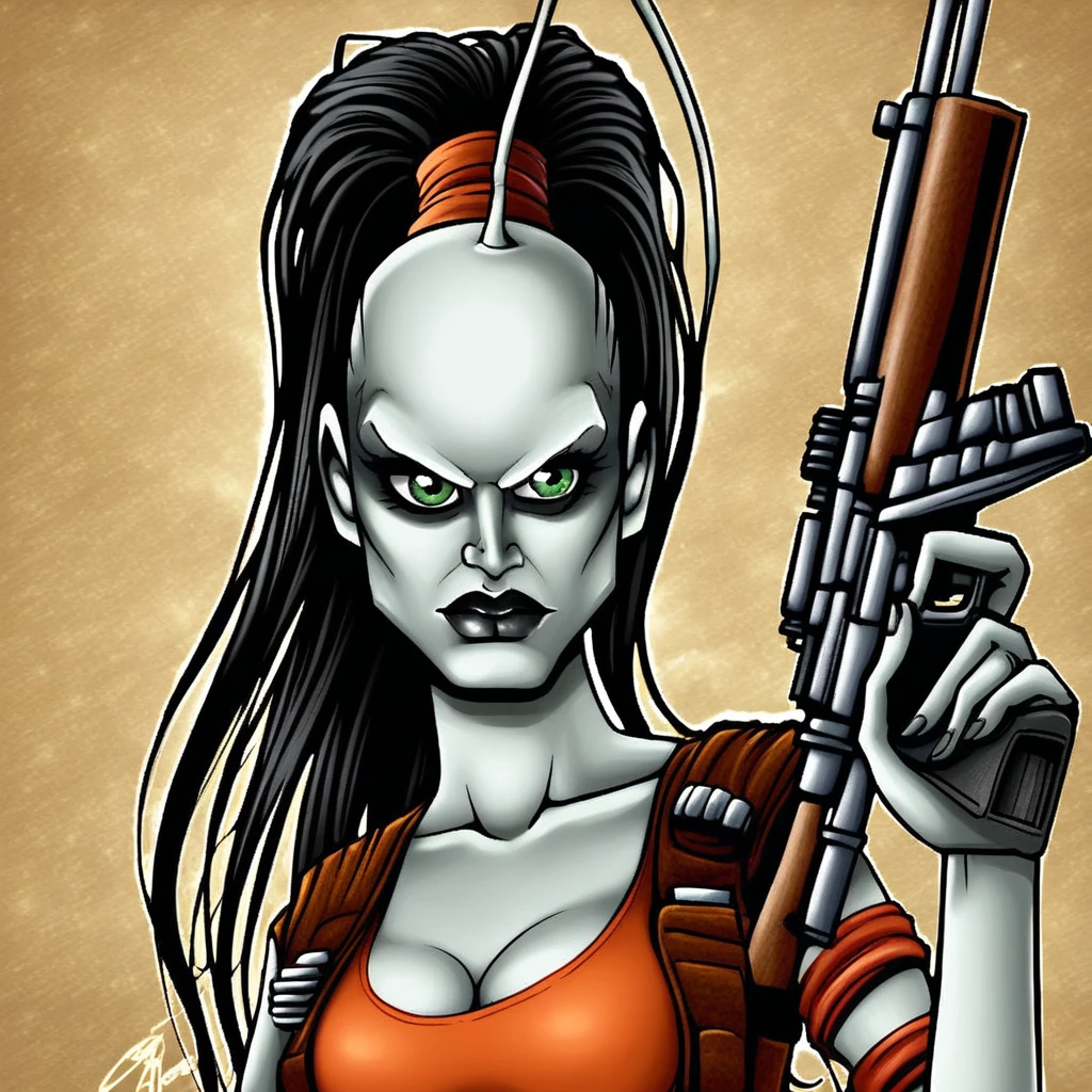 aurra-sing, star wars, 1girl, solo, antennae, weapon, ponytail, black hair, breasts, colored skin, gun, cleavage, orange bodysuit, rifle, green eyes, long hair, upper body, lips, black lips