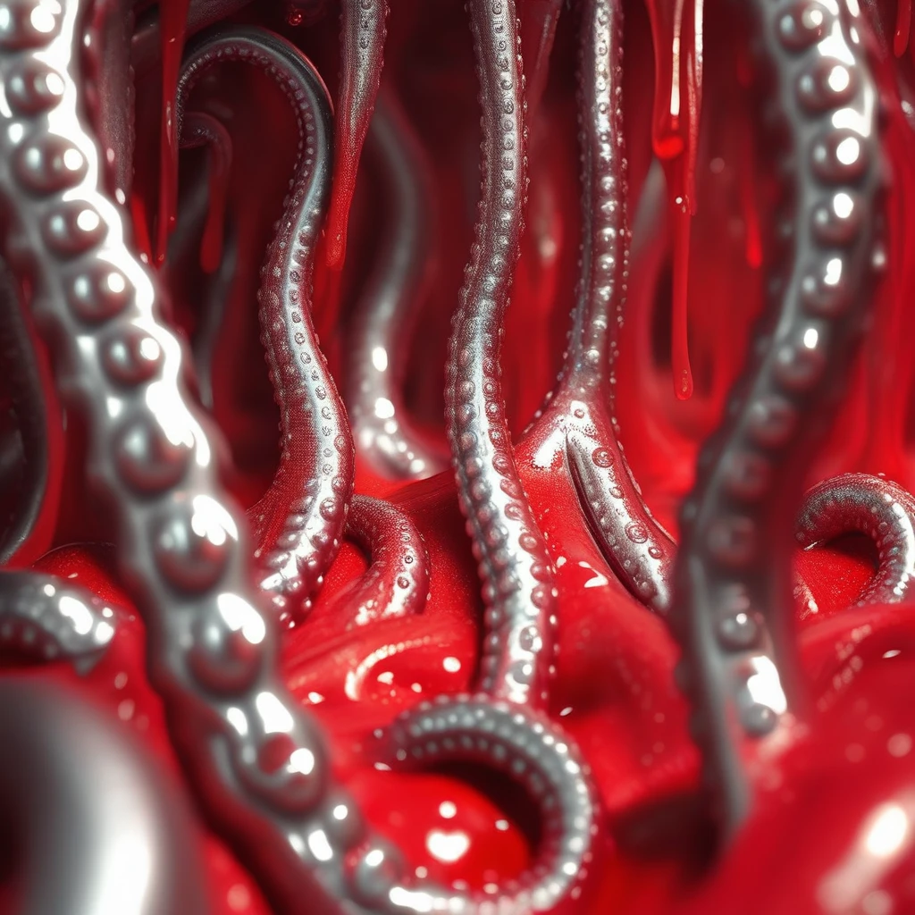 tentacles, shiny, slime, monster girl, chain, bubble, shiny clothes, extra eyes, silver tentacles, depth of field, close-up, silvertentrs, red background, red eyes