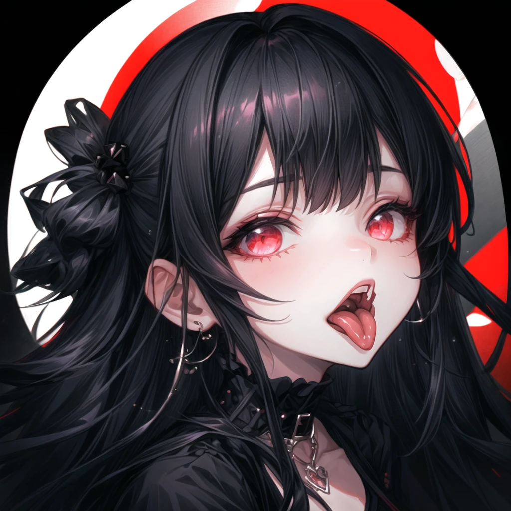 1girl, solo, long hair, black hair, jewelry, gothic, open mouth, tongue out, font camera, black background, best quality, <lora:more_details:0.7>, <lora:GHT_V1-000001:1> GHT