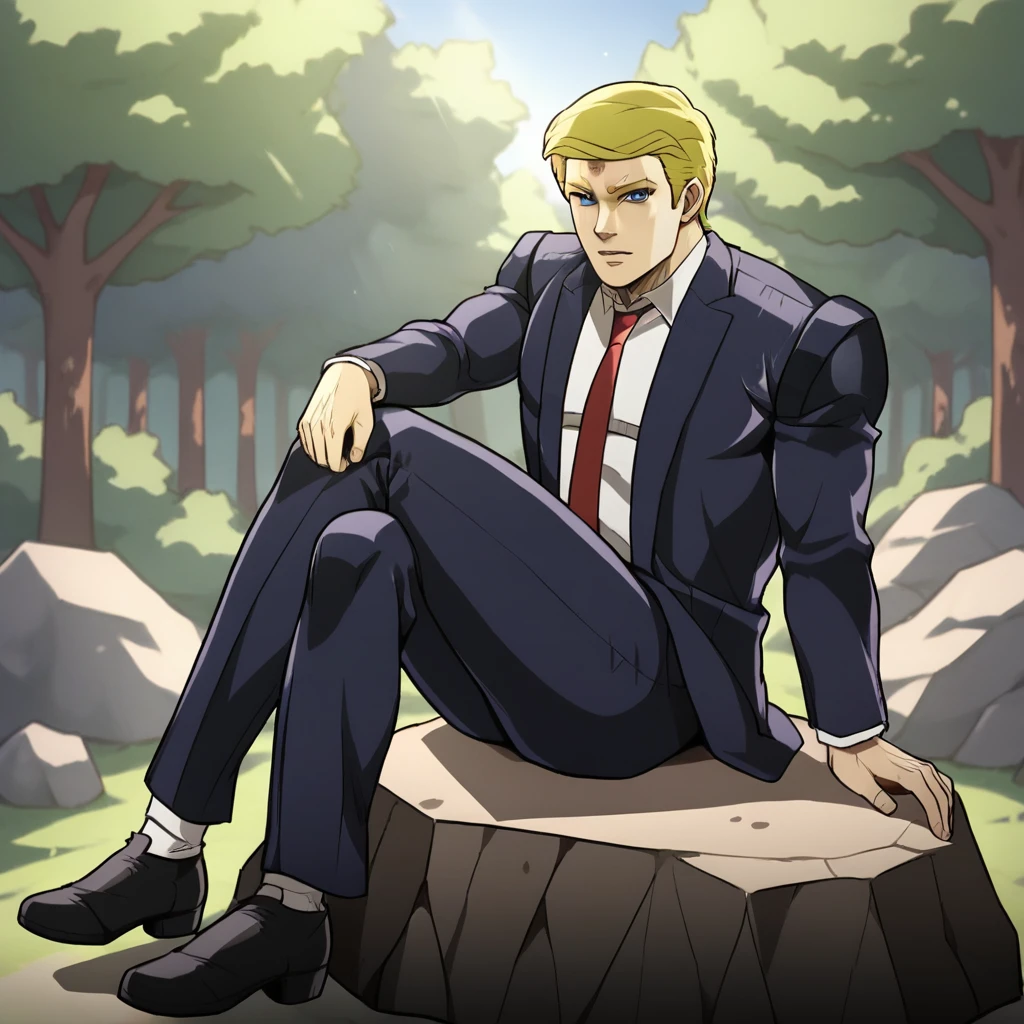 score_9_up, score_8_up, BREAK, 1boy, solo, DonaldTrump, blonde hair, short hair, blue eyes, suit, formal, red necktie, pants, black footwear, sitting on rock, outdoors, forest, looking at viewer, <lora:TrumpJojo_PXL_Leaf1:1>,