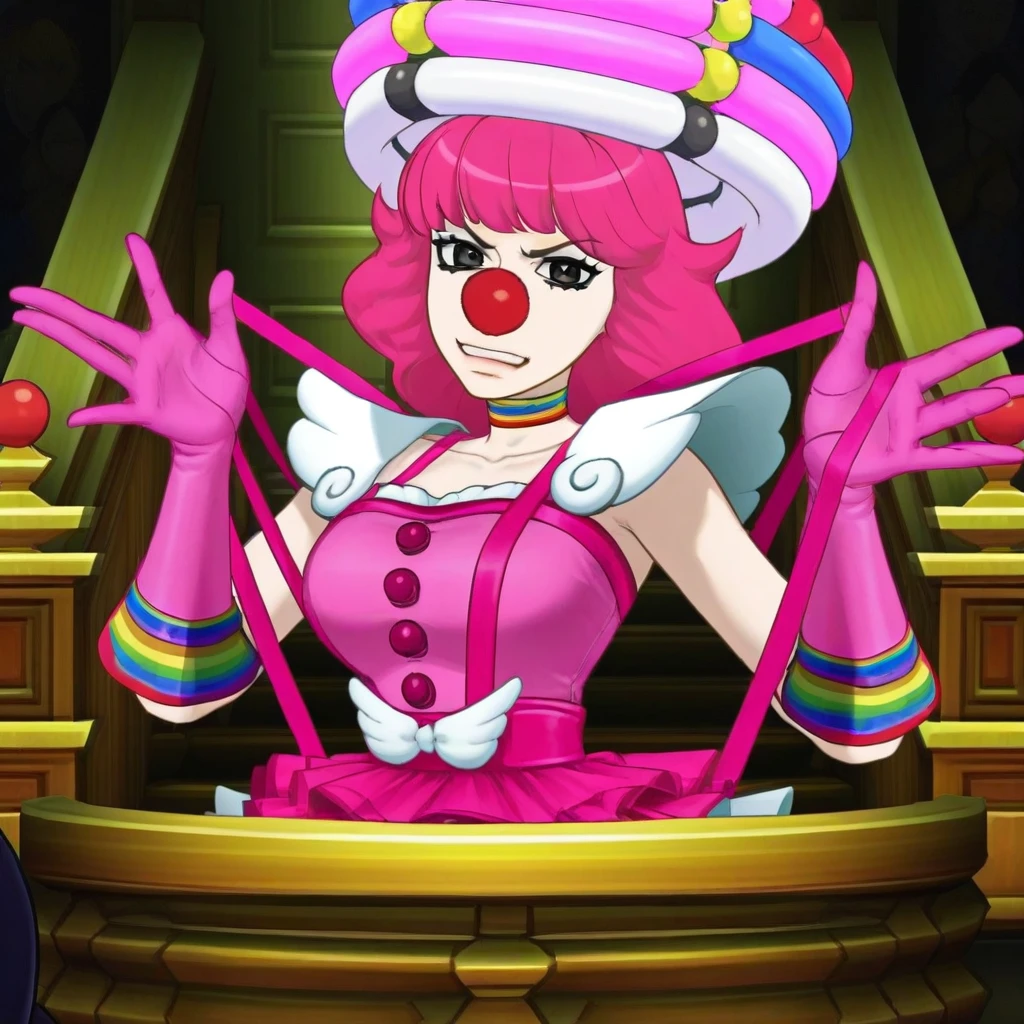 pink frilled_skirt, big red clown_nose, long pink gloves, wing shoulder pads, rainbow choker, pink sleeveless dress, pink heels, Pink frilled skirt, geiru toneido, long pink hair, suspenders