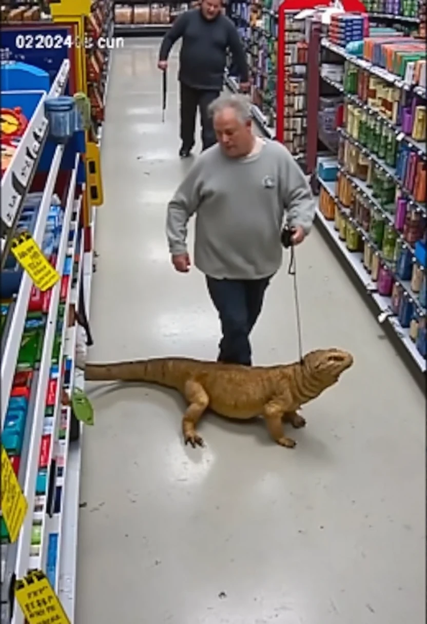 man walking a komodo dragon on a leash in a convinience store, captured by their security camera, cctv, StoreCCTV