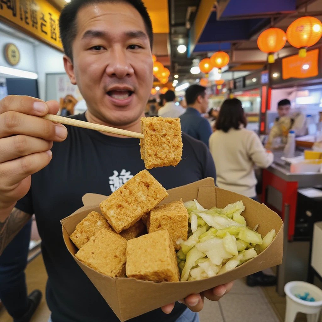 Full body shot of a man enjoying Taiwanese stinky tofu in a bustling night market. The man, in his 30s, is casually dressed in jeans and a t-shirt, standing comfortably amidst the lively atmosphere.
In his left hand, he holds a small, round paper container about the size of his palm. The container is filled with bite-sized cubes of deep-fried stinky tofu, each piece approximately 2-3 cm wide. The tofu has a golden-brown color with a visibly porous surface, showcasing its crispy, airy texture. Small bubbles and irregular indentations on the tofu's exterior emphasize its light, crisp structure.
Nestled beside the tofu in the container is a modest portion of finely shredded pickled cabbage. The cabbage strands are long and thin, their bright green color contrasting nicely with the golden tofu. The cabbage appears slightly wilted and glistening from pickling.
In his right hand, the man holds a thin wooden skewer, piercing a single cube of the crispy tofu. He's captured mid-motion, bringing the tofu towards his mouth with an expression of anticipation. A small drop of reddish-brown sauce clings to the tofu, about to fall.
The background depicts a typical night market scene with food stalls, hanging lanterns, and other patrons, all slightly blurred to keep focus on the man and his snack. Warm, ambient lighting bathes the scene, highlighting the steam rising from the freshly cooked tofu.
The composition ensures that the food container is in proportion to the man's body, appearing as a reasonable snack size rather than dominating the image