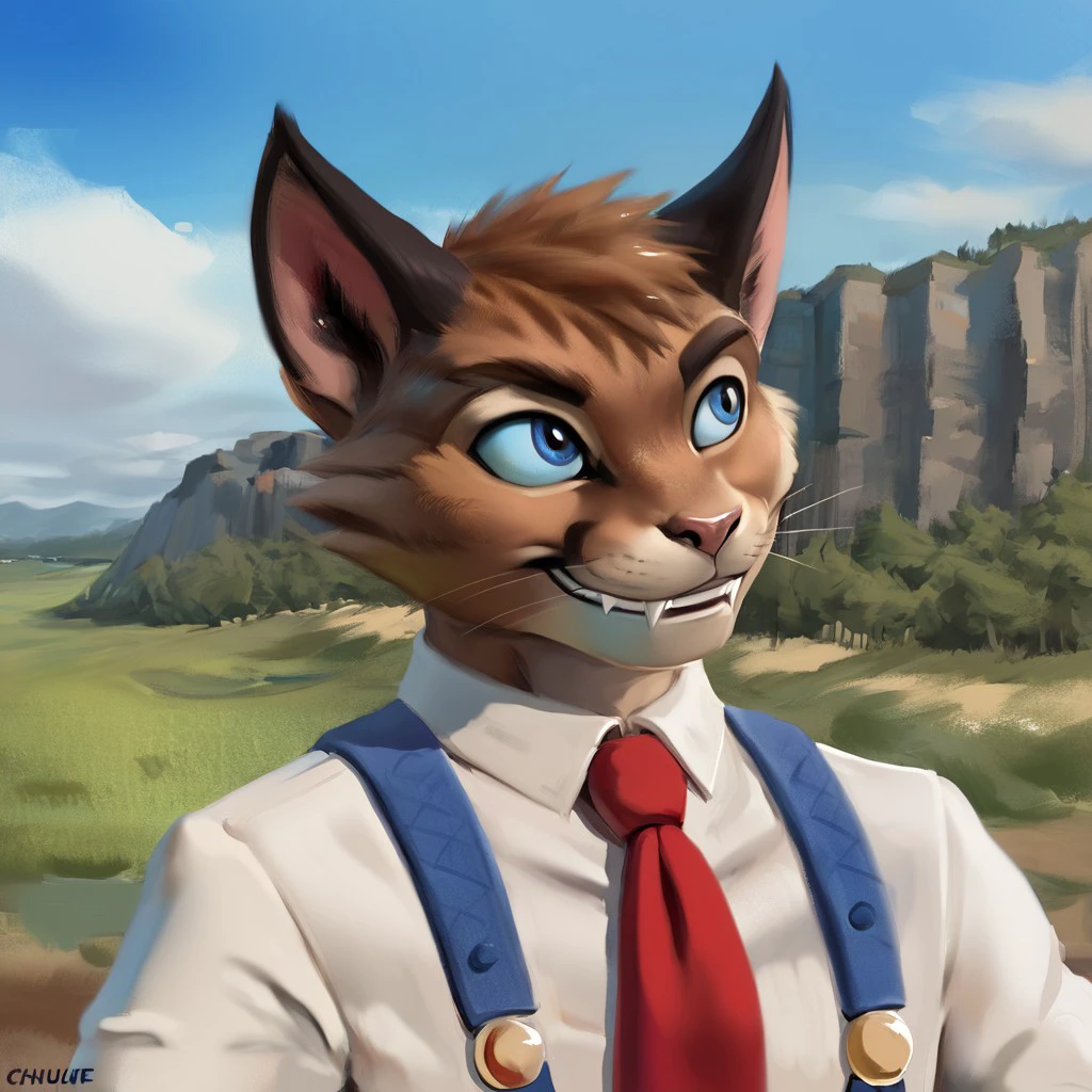 Rocky, Rocky Rickaby, blue eyes, striped fur, striped, pointed ears, eyebrows, smiling, yellow markings, brown body, brown fur, tail, long tail, blue sclera, black ears, cat ears, black cat ears, (male anthro cat:1.3),
Solo, alone, by himself, 1boy, male.
Clothing, clothed, suspenders, large red tie, blue trousers, long trousers. 
athletic, athletic body, muscles. (athletic body), (brown body:1.1),
HD, digital painting, digital art, masterpiece.
Headshot, head focus, close to face, closeup, bustshot.
Happy emotion, happy. 
Outside, battlefield, ww1. (outside:1.1) 
HD, digital painting, digital art, masterpiece ((headshot)), digital drawing (artwork), digital media (artwork), hi res.  negative_hand. Realistic, Furry, Animalistic features, Anthro, Detailed, Shaded,