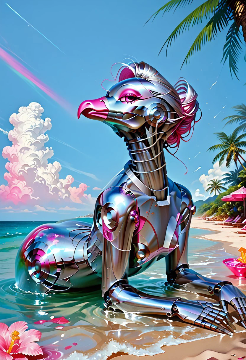 score_9, score_8_up, score_7_up, score_6_up, one solo chrome silver robot flamingo, chrome feathers, pink water, pink reflections, tropical beach, painting by Hajime Sorayama, colorful atmosphere nebula