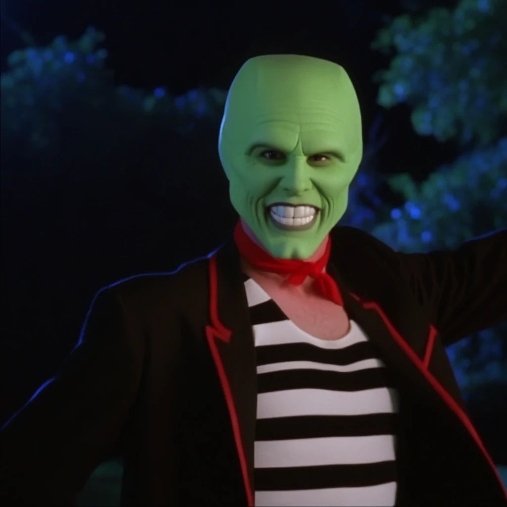 the_mask a bald man with big white teeth and green skin wearing a striped shirt in a park at night