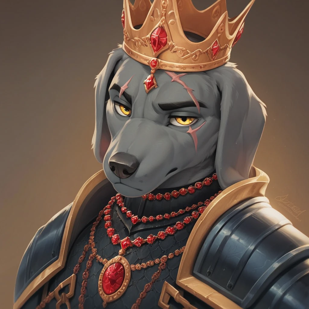 masterpiece, score_9_up, score_8_up, score_7_up, score_6_up, source_furry, (best quality:1.1), ultra-detailed, high resolution, 1character, solo, Rover Diamondshield, male, anthro, canine, (beautiful detailed yellow eyes), half-closed eyes, looking at viewer, scar on the eye, eyebrows, gray fur, floppy dog ears, animal nose, closed mouth, serious expression, crown, heavy black armor, helm, jewelry, rings, necklace, portrait, necklace with red gems, detailed facial features, simple background, highly visible, sharp focus, anatomically correct, simple background