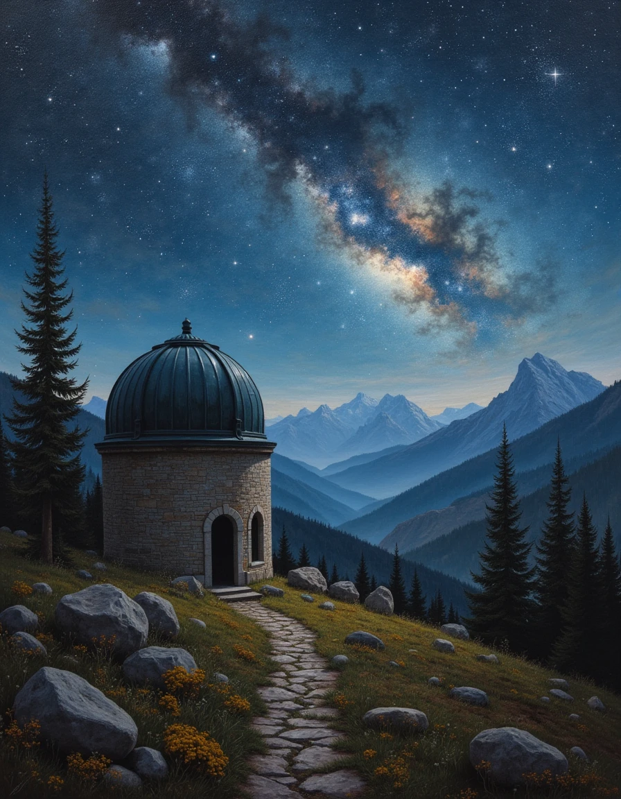 An atmospheric painting of a a celestial observatory