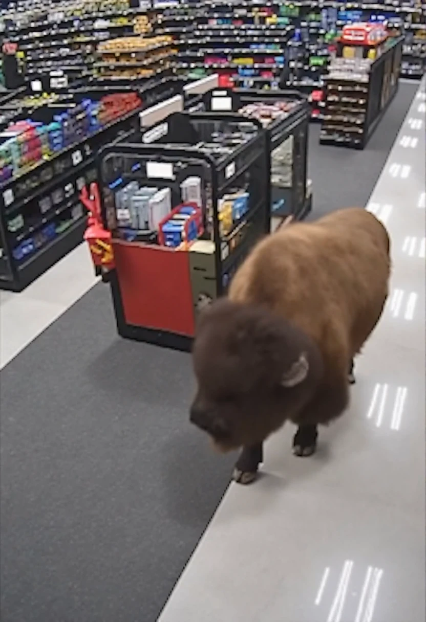 a bison on a leash, captured by their security camera, cctv, StoreCCTV