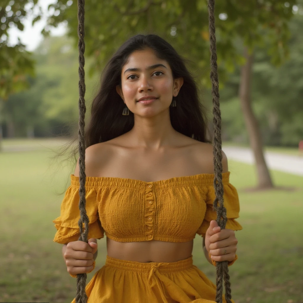 Sai_pallavi, sexy midriff, looking at the viewer,
She's like the girl next door and swinging in a park