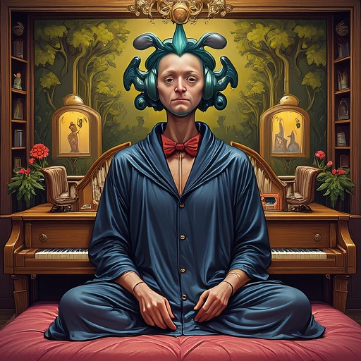 hooded cloak, gelatinous symmetrical, james jean soft light 4 k, takato yomamoto. 4 k, grand piano, architecture, a painting of a man with a dragon on his head, a painting of a woman holding a cell phone, potted plant, bowtie, balloon head, music, forest, wet clothes, spread legs, on bed, bottomless