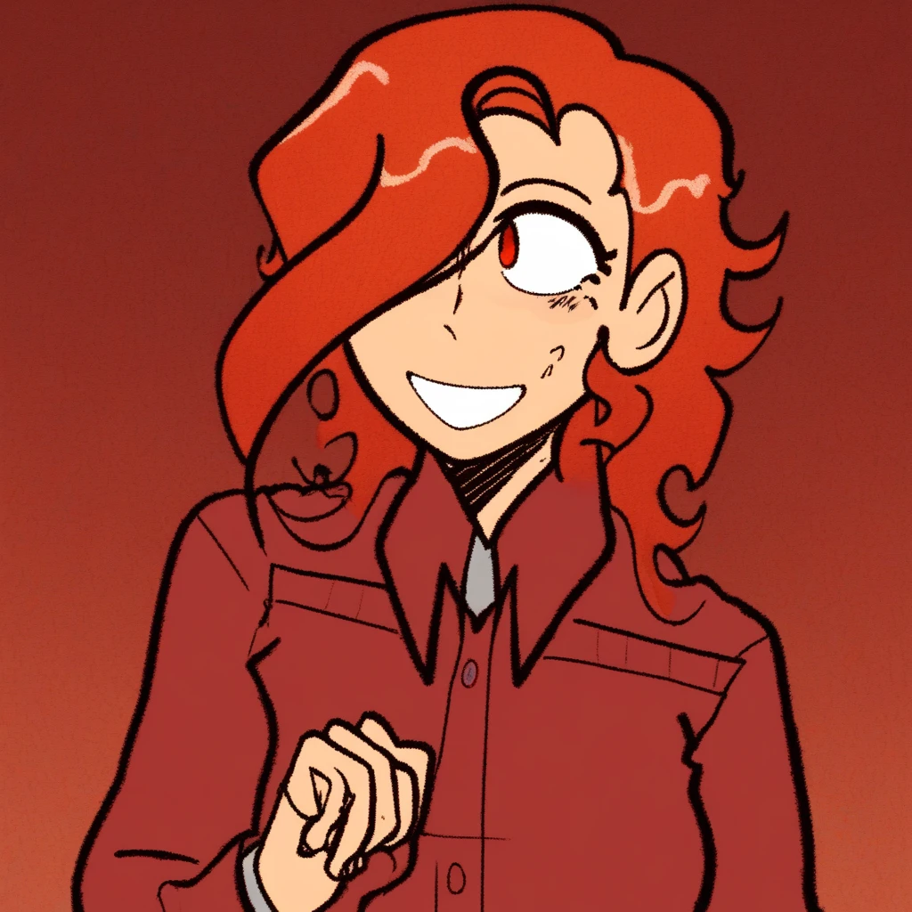 score_9, score_8_up, score_7_up, score_6_up, source_anime, solo, orange hair, hair over one eye, medium hair, pointy hair, wavy hair, red eyes, red shirt, collared shirt, smile,