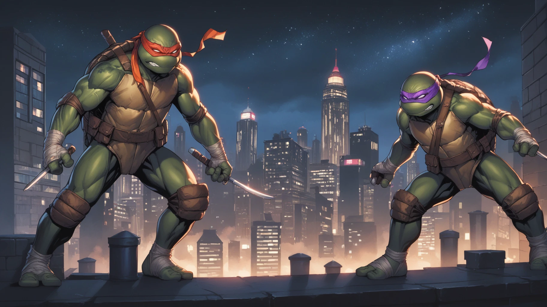 score_9, score_8_up, score_7_up, ((source_cartoon, digital painting)), masterpiece, high quality ((quadruplets, 4boys)),
<lora:TMNT_AIO__DigitalArtStyle_Pony:1>, a TMNTGroup, a group of four teenage mutant ninja turtles standing on a city rooftop together in a fight stance pose. Dynamic lighting and shadows, city lights and skyscrapers fill the background and the image gives a deep atmosphere of tension and the sense that a battle will soon take place. A TMNTMichelangelo wears an orange bandana mask with eye-holes, a TMNTDonatello wears a purple bandana mask with eye-holes, a TMNTRaphael wears a red bandana mask with eye-holes, a TMNTLeonardo wears a blue bandana mask with eye-holes.
(all standing together)
((on a city rooftop, at night)), dark sky, city lights, skyscrapers in background
dynamic lighting, cinematic