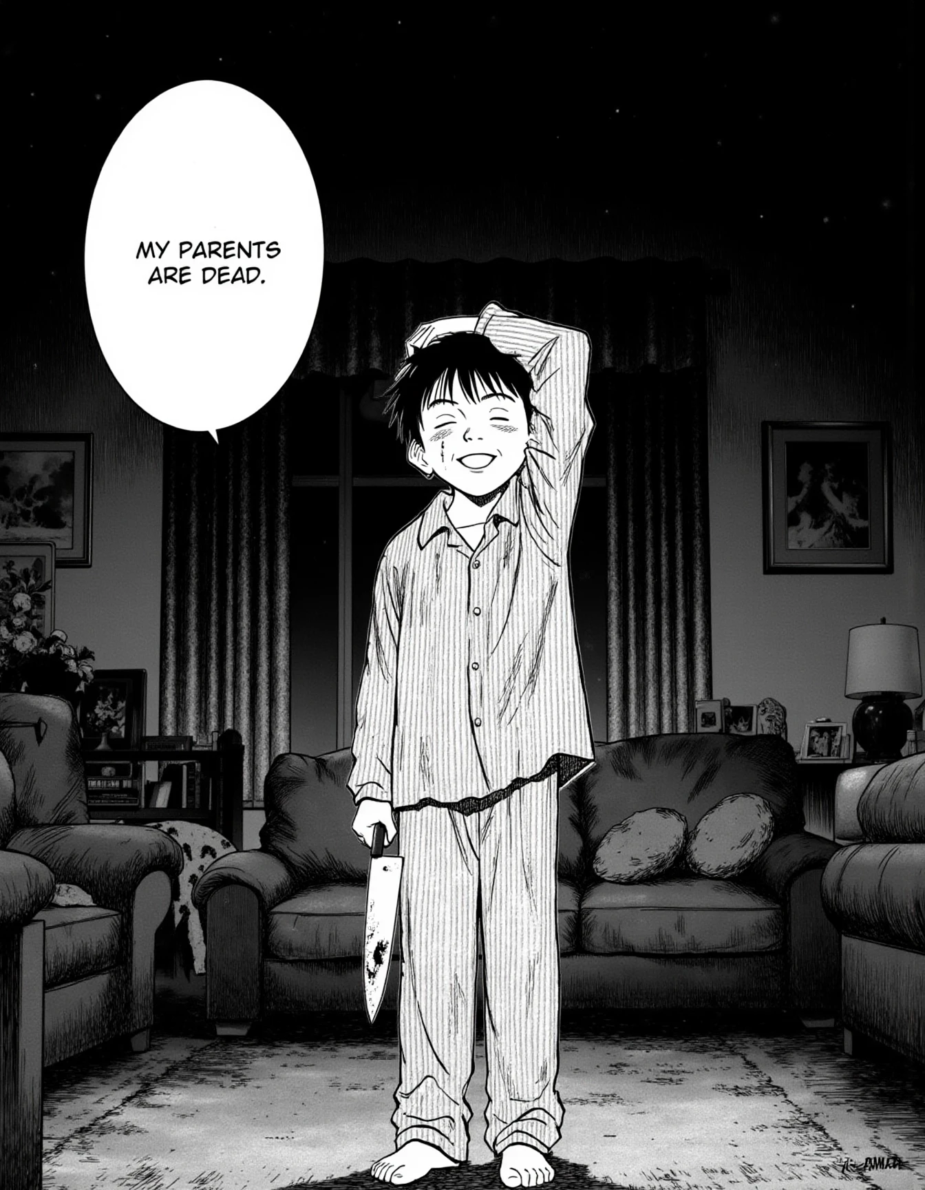 A naoUrasawa style image of a kid in a living room by night. He his holding a knife with blood on it in one hand, and has his other hand behind his head. He is wearing pyjamas and is smiling with his eyes closed. There is a bubble of next to his head with the text "My parents are dead.". The overal atmosphere of the image is dark and serene. <lora:naoUrasawa:1>