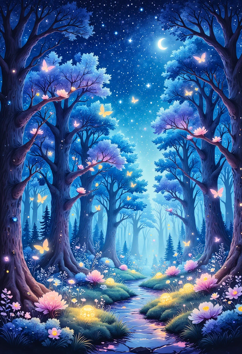 watercolor painting, A fantasy scene of an enchanted forest at night, where the trees are adorned with glowing bioluminescent flowers and creatures, casting a magical light across the forest floor,