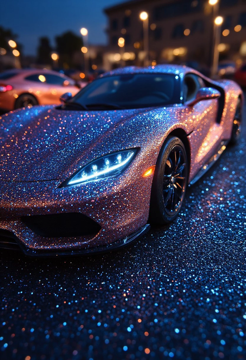 A breathtaking shot of a sleek, high-performance supercar completely enveloped in a dazzling coat of "Glitter." The car's aerodynamic curves and sharp edges are accentuated by the shimmering, multicolored Glitter that covers every inch of its surface, reflecting light like a million tiny diamonds. The Glitter creates a mesmerizing effect, shifting colors from deep blues and purples to vibrant golds and silvers as the car moves through the scene. The headlights, like piercing eyes, cut through the twilight, casting beams of light that dance across the Glitter, making the car appear as if it’s speeding through a galaxy of stars. The background is a cityscape at dusk, with neon lights and reflections bouncing off the car's glossy, glittering surface, enhancing its futuristic and luxurious appeal. The scene is a blend of cutting-edge automotive design and pure, sparkling extravagance, capturing the essence of a supercar that’s as much a work of art as it is a feat of engineering.