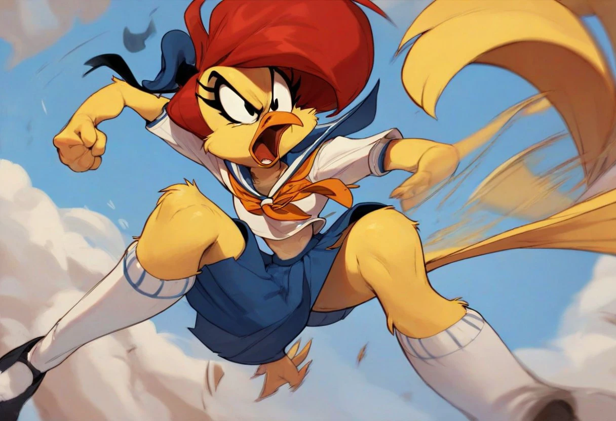 score_9, score_8_up, score_7_up, furry female, 1girl, solo, hat, blue skirt, sailor bird, bird girl, yellow body, red hair, sailor uniform, beak, tail, knee socks, flat colors, cartoon, action pose, jumping, flying kick, angry, open mouth