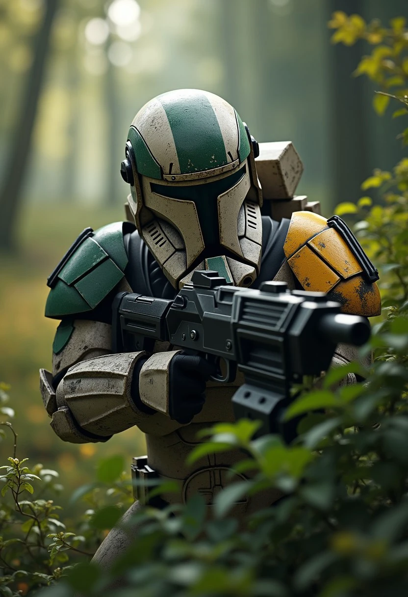 7-CloneCommando, soldier, clone trooper, realism, render, beautiful environment, hiding in shrubbery, sneaking, grain, detailed armour, depth of field