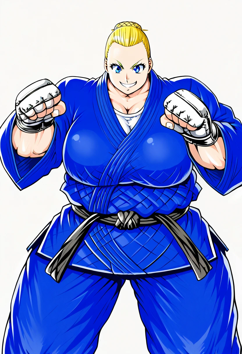 Alevtina Guseva, 1girl, solo, blonde hair, single hair bun, crown braid, obese, short neck, muscular female, plump, large breasts, blue eyes, simple background, judo uniform, blue judo uniform, judo gi, fingerless gloves, smile, fight stance