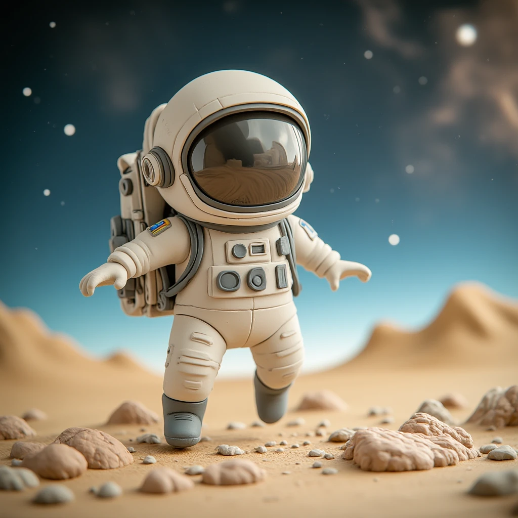 Juaner_clay,
A fearless astronaut, with a reflective visor and sleek spacesuit, bounding across the rocky surface of an alien planet against a backdrop of distant nebulae.