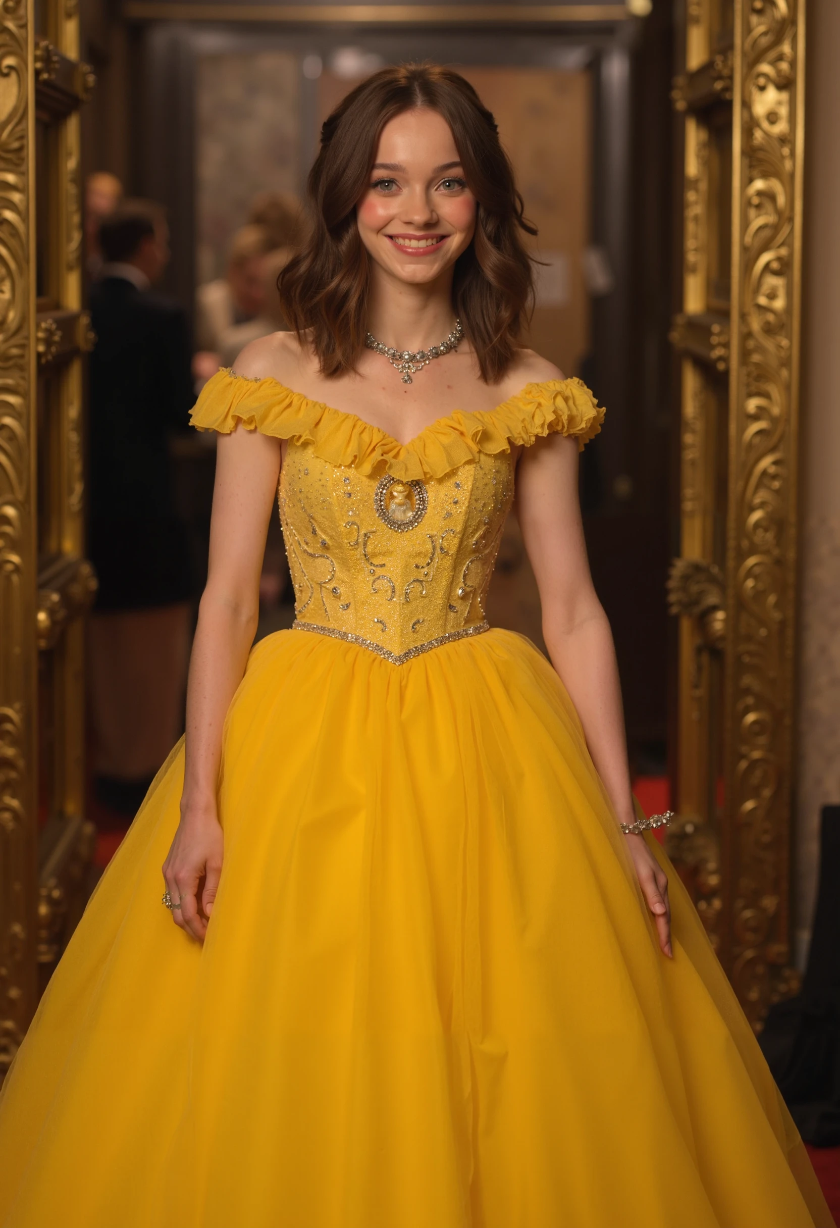 emmamyers wearing the yellow dress from beauty and the beast