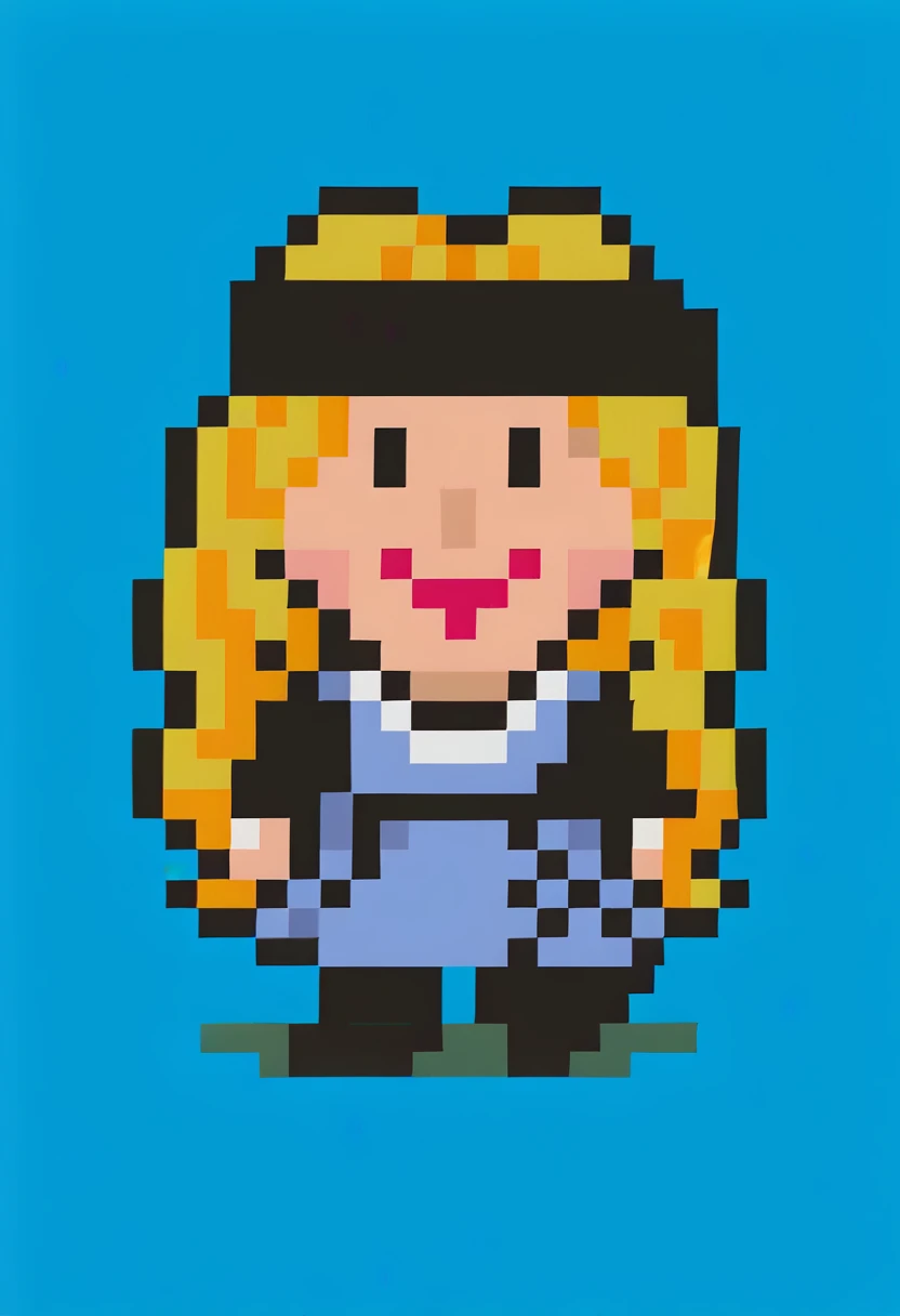 score_9, score_8_up, score_7_up, source_anime, 1girl, smile, <lora:EarthboundSpriteStyle-pdxl:1> pixel art, full body, standing, chibi, looking at viewer, blue background, <lora:zs_ChihayaXL:1> chihayap5, very long hair, blonde hair, headband, shirt, dress, black pantyhose