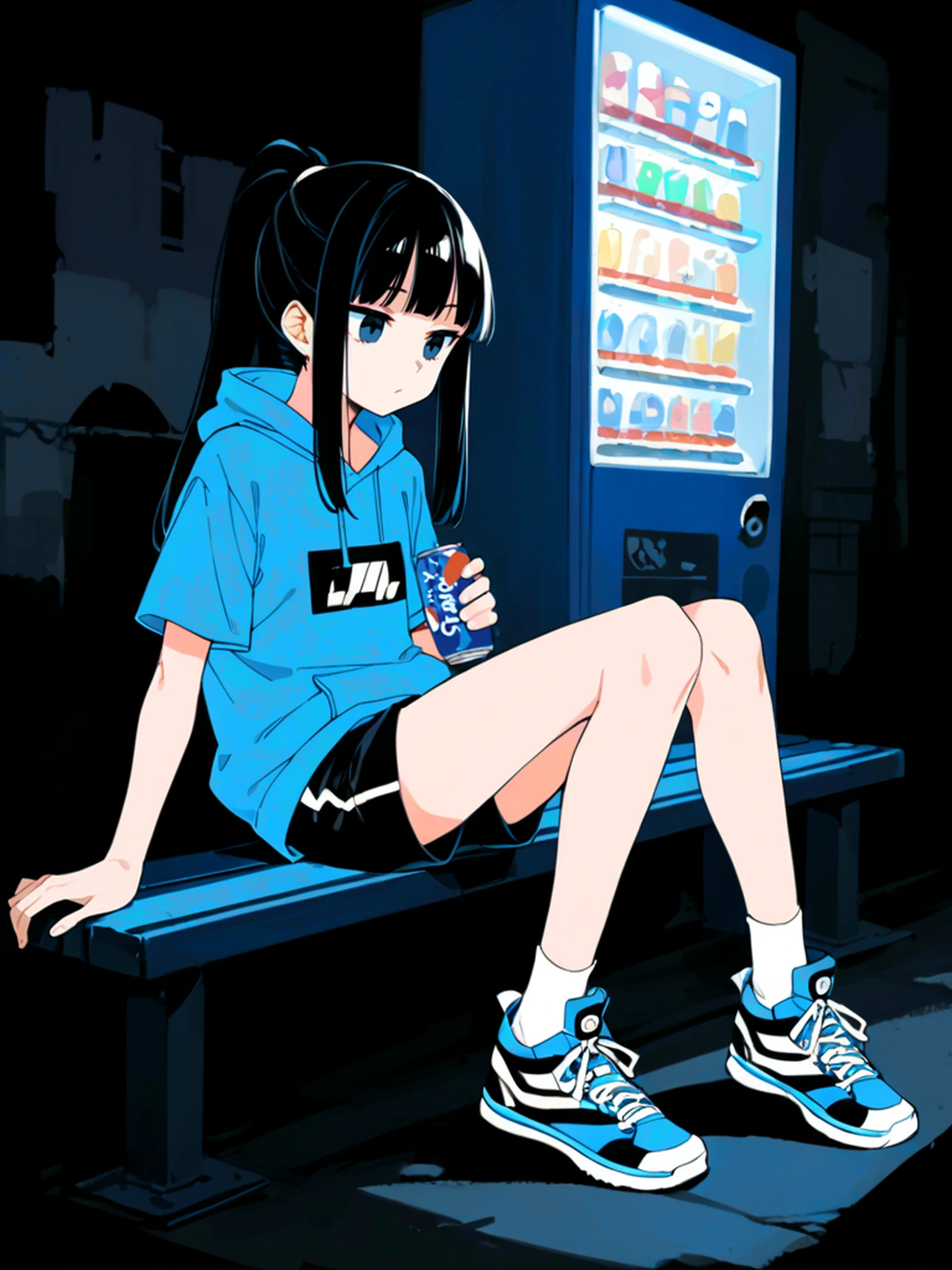 score_9, score_8_up, score_7_up, score_6_up, source_anime, masterpiece, best quality, hires, (flat color, limited palette:1.4), 
1girl, black hair, black eyes, long hair, ponytail, blue hoodie, short sleeves, black tank_top, black shorts, flat chest, blunt bangs, long bangs, white socks, sneakers, sitting on bench, holding can, looking down
night, dark background, vending machine, 
<lora:Vending_machine_at_night:1>, <lora:hotarueye_xl_hosome1_v050:0.6>