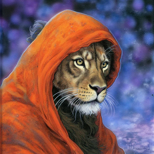 Terese_Nielsen, by Terese Nielsen, female lioness wear a orange hoodie, cyberpunk background, highly detailed, high qulity 8k