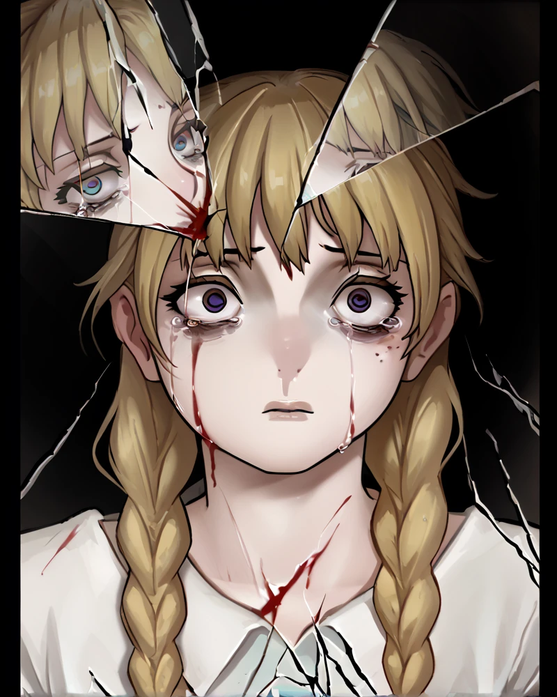 <lora:Broken_Glass_FORPONY:1> Broken glass, dark theme, 1girl, moody, bags under eyes, blonde braids, freckles, depressed, blood, scars, sad, lips, charming eyes, small tears <lora:as109Style:1>