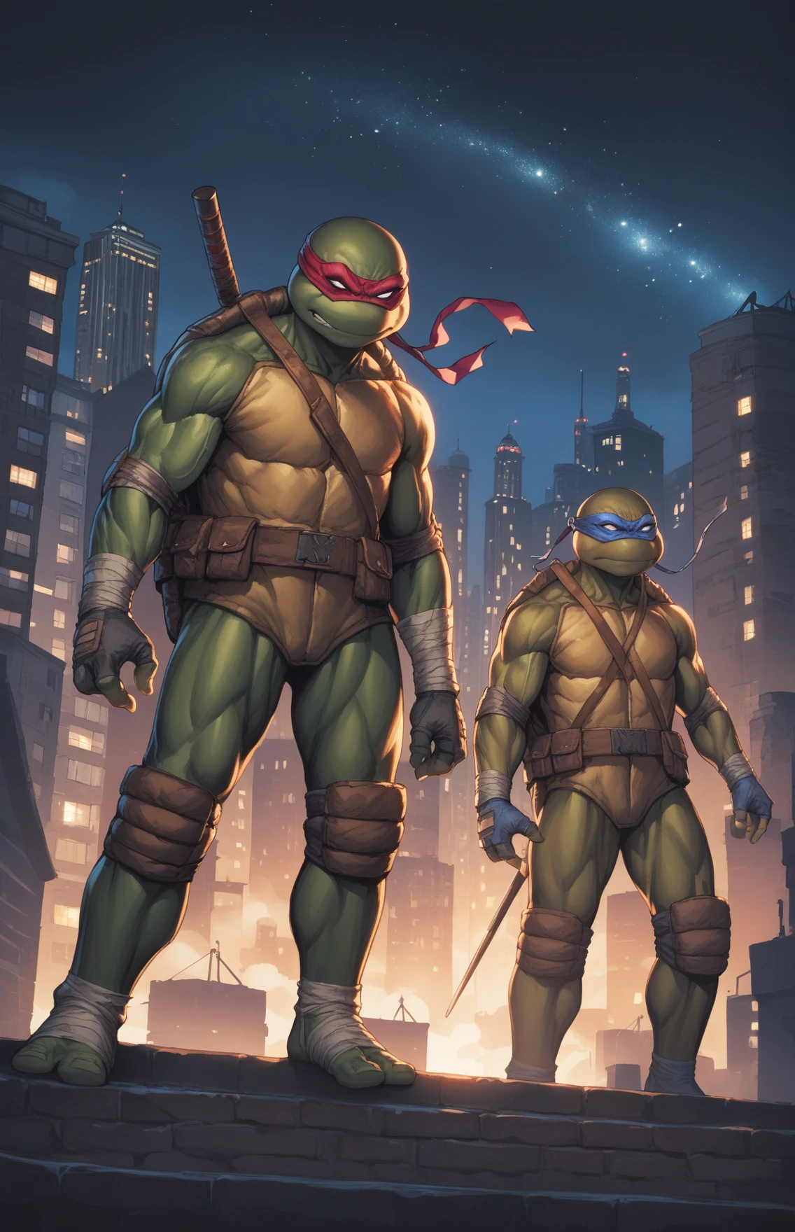 score_9, score_8_up, score_7_up, ((source_cartoon, digital painting)), masterpiece, high quality ((quadruplets, 4boys)),
<lora:TMNT_AIO__DigitalArtStyle_Pony:1>, a TMNTGroup, a group of four teenage mutant ninja turtles standing on a city rooftop together in a fight stance pose. Dynamic lighting and shadows, city lights and skyscrapers fill the background and the image gives a deep atmosphere of tension and the sense that a battle will soon take place. A TMNTMichelangelo wears an orange bandana mask with eye-holes, a TMNTDonatello wears a purple bandana mask with eye-holes, a TMNTRaphael wears a red bandana mask with eye-holes, a TMNTLeonardo wears a blue bandana mask with eye-holes.
(all standing together)
((on a city rooftop, at night)), dark sky, city lights, skyscrapers in background
dynamic lighting, cinematic