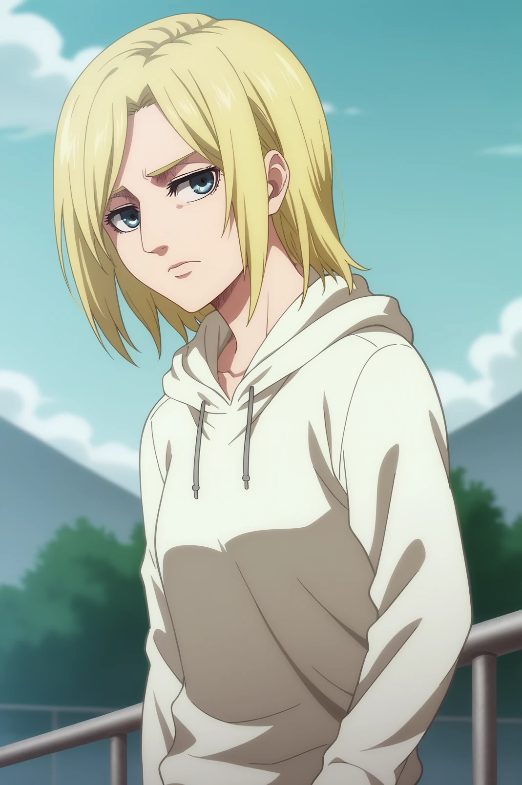 annie leonhart,anime screencap,1girl,solo,mature,short hair,hood,hoodie,looking at viewer,emotionless,sky,white hoodie,dutch angle <lora:Adult Annie - PDXL2.safetensors:0.8>