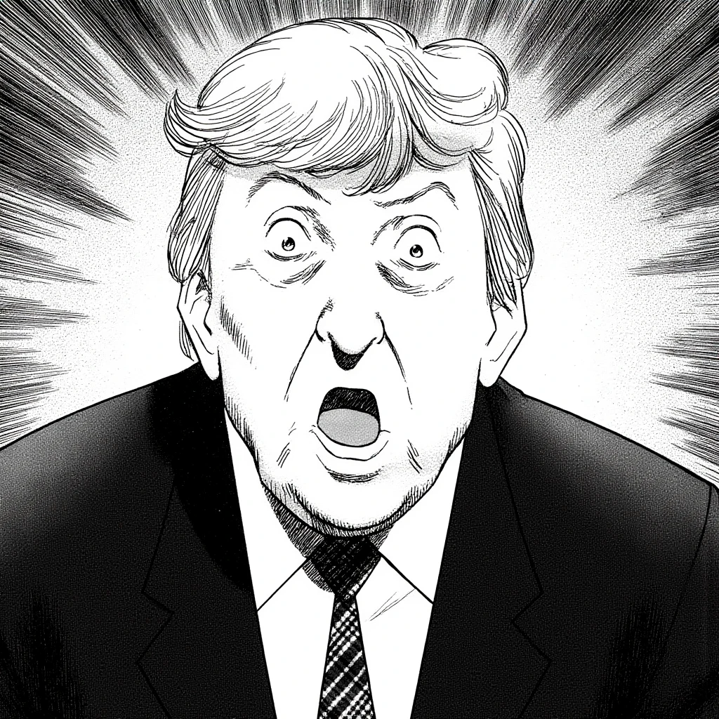 a naoUrasawa style image of a portrait of Donald Trump. He is wearing a suit and a tie. He has shocked expression on his face, with his eyes wide open and his mouth slightly open, while looking directly at the camera. The background is blurred, but it appears to be a striped pattern. The overall mood of the image is one of shock or surprise.   <lora:naoUrasawa:1>