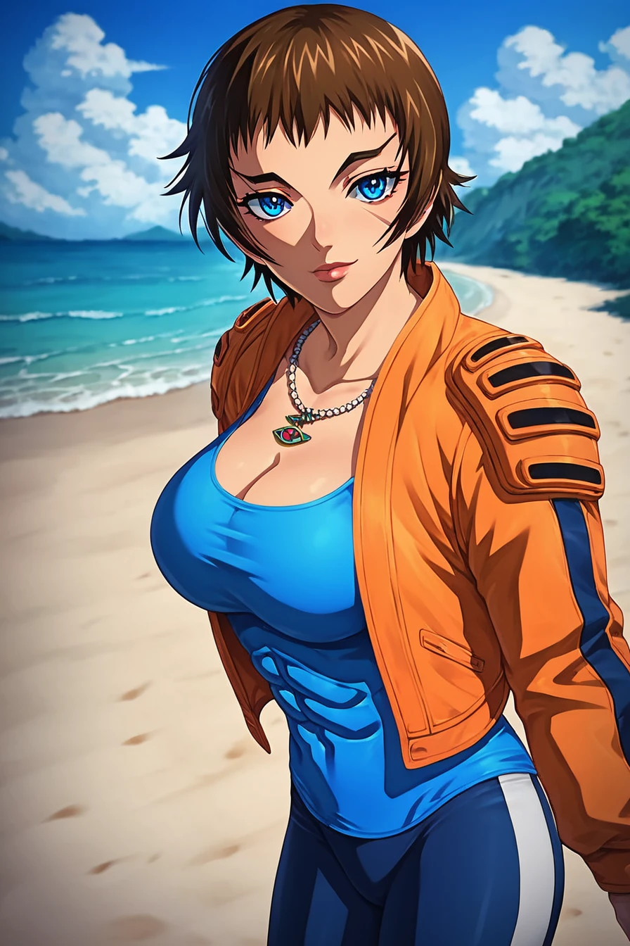 score_9, score_8_up, score_7_up, score_6_up, score_5_up, score_4_up, <lora:kugatachi_kaname_freya:0.9>, Kaname kugatachi, brown hair, blue eyes, scar, necklace, breast, abs, orange leather jacket, blue sleeveless shirt, tight shirt, blue leggings, 1girl, standing, alone, looking at the viewer, masterpiece, highres, highly detailed face, highly detailed shining eyes, symmetrical highly detailed eyes, entire body, legs, beach, sand, sea