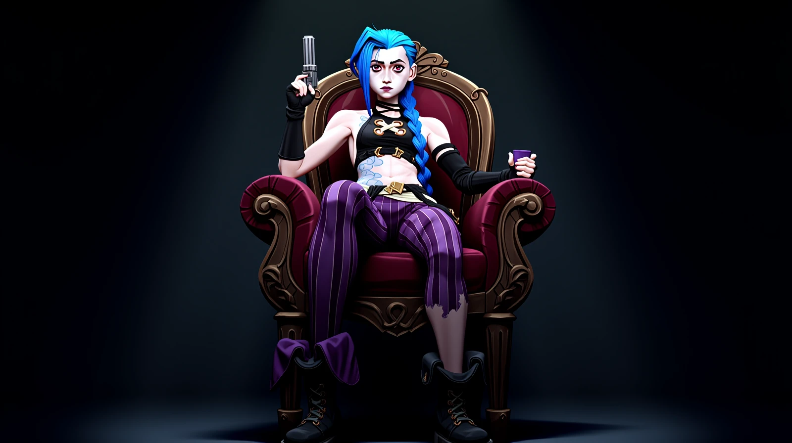 An 8k highly detailed image from the show Arcane of Jinx sitting in an elaborate chair made from junk. She can be seen with her iconic two long braids in her blue hair. She is holding a gun in her right hand and a full cup in her left hand. She is looking at the viewer with an intense look in her wild eyes. Her cropped top is accurate to the character as well as her striped torn pants. She has pale skin and is covered with her characteristic tattoos. The overall theme of the image is dark and chaotic as is typical of Jinx. Jinx, cropped top, braids, blue hair, pale skin, tattoos, wild eyes, gun, chaotic, striped torn short pants, loose boots, dark dim lighting, moody theme, punk style, Arcane style
<lora:Jinx_Character_for_Flux.1_Dev:1.5>