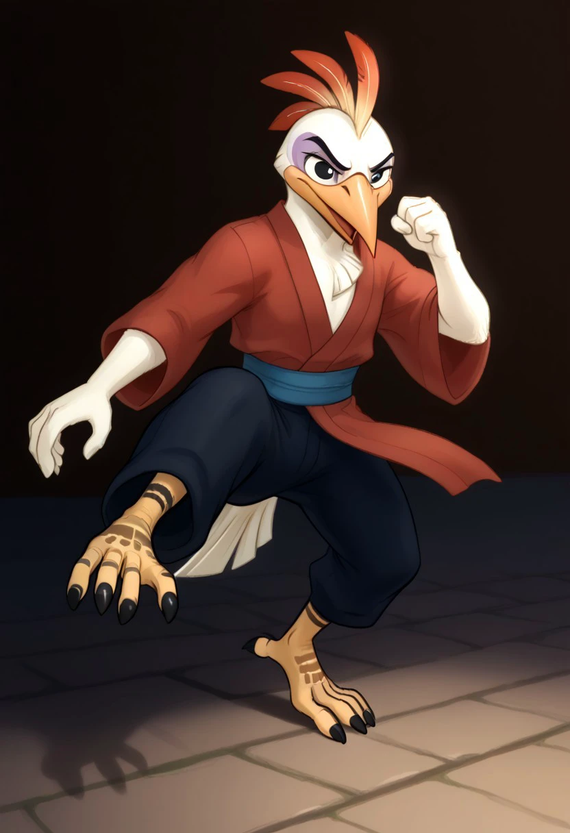 (((Barefoot furry character, full body, cinematic setting, bird boy, plantigrade))) 
(((Ono))), egret anthro, black eyes, ((red kimono and black pants, training kung-fu at training ground in park, fighting stance, dynamic pose, perform side kick)), (((nice bird feet, orange and black talons)))
BREAK, intricate details, highly detailed, extreme detail, octane render, fine art, best quality, highres, (detailed face:1.5), ((full_body)), UHD, (((perfect hands))), low light