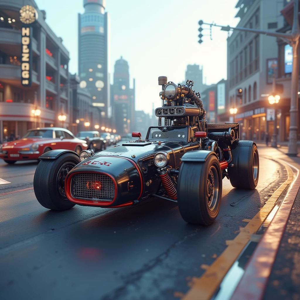 steamconceptai,a car racing on road with citycape background