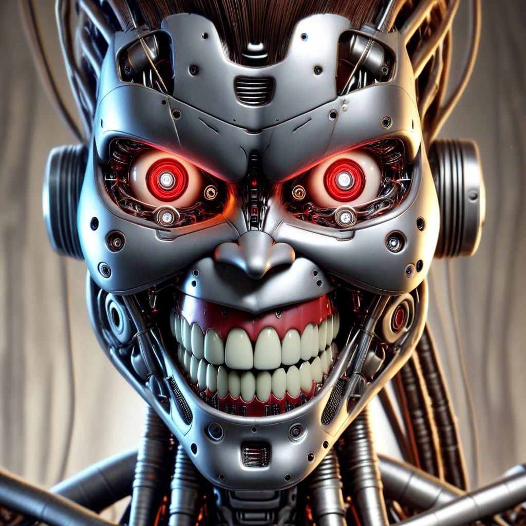 humanoid robot, 1girl, close-up, portrait, mechanical parts, no humans, realistic, solo, brown hair, strands of hair cascading down from the head, large glowing red eyes, looking at viewer, nose, smile, grin, slight dimples in the cheeks, open mouth, clenched teeth, cables protruding from the neck area, neck composed of exposed mechanical parts and wires, glowing, blurry background, cables, horror (theme)