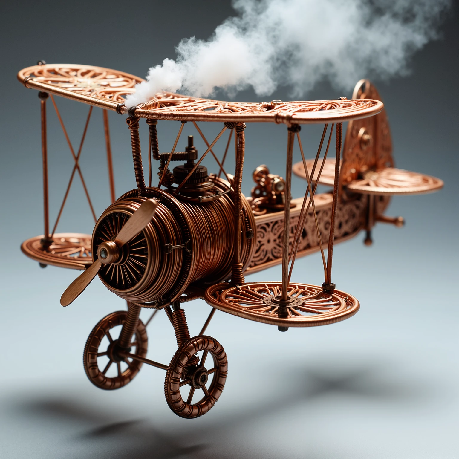 copperwire, steampunk theme, flying Bleriot XI, brown copper wire steampunk airplane with mechanical devices. Copper wire wings adorned with gears and pulleys, the airplane is laden with copper wire, steam-powered smoke rises from the rear, Bleriot XI with bicycle tires made from copper wire