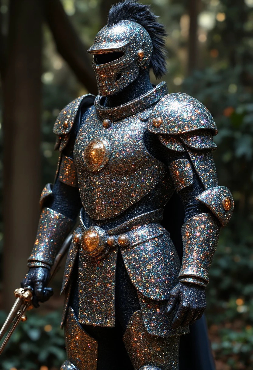 A heroic, full-body portrait of a knight clad in resplendent armor entirely covered in shimmering "Glitter." Each piece of the armor sparkles with a radiant brilliance, reflecting a spectrum of colors—gold, silver, blue, and pink—as the light dances across the surface. The Glitter particles give the armor a magical, almost otherworldly quality, making the knight appear as though he is adorned in stardust. The knight stands tall and proud, his helmet gleaming with intricate details and a plume that sparkles with every movement. His sword, equally encrusted in Glitter, catches the light with every tilt, adding to his majestic presence. The background is a dark, misty forest with soft rays of sunlight filtering through the trees, highlighting the contrast between the shadowy environment and the knight’s dazzling armor. The overall scene captures the essence of a legendary warrior, with the Glitter armor elevating him to an almost mythical status, embodying both strength and enchantment.