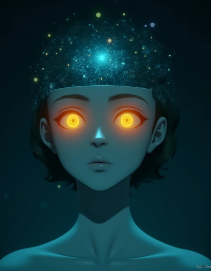 Anime screencap featuring a Minimalist and abstract side profile of a robot woman with a universe sprouting from her mind as she opens her eyes and attains consciousness for the first time in the dark. She has beautiful and intelligent bright orange eyes brimming with knowledge and benevolence. Mostly in hues of blue and green. <lora:Sadie_Sink_FLUX_v1_r1-000052:1>